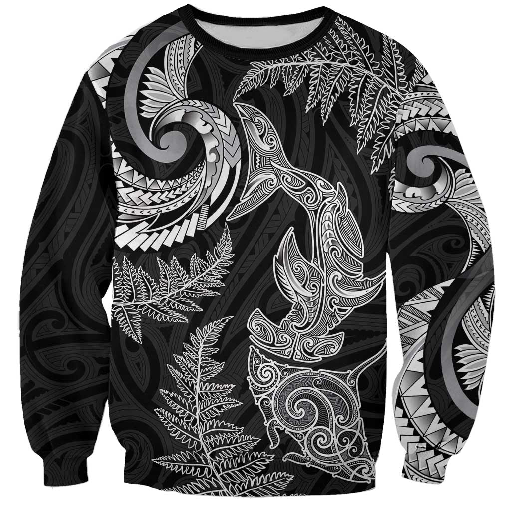 New Zealand Sea Animals with Maori Tribal Tattoo Sweatshirt Shark Manta Ray with Silver Fern Black LT03 Unisex Black - Polynesian Pride