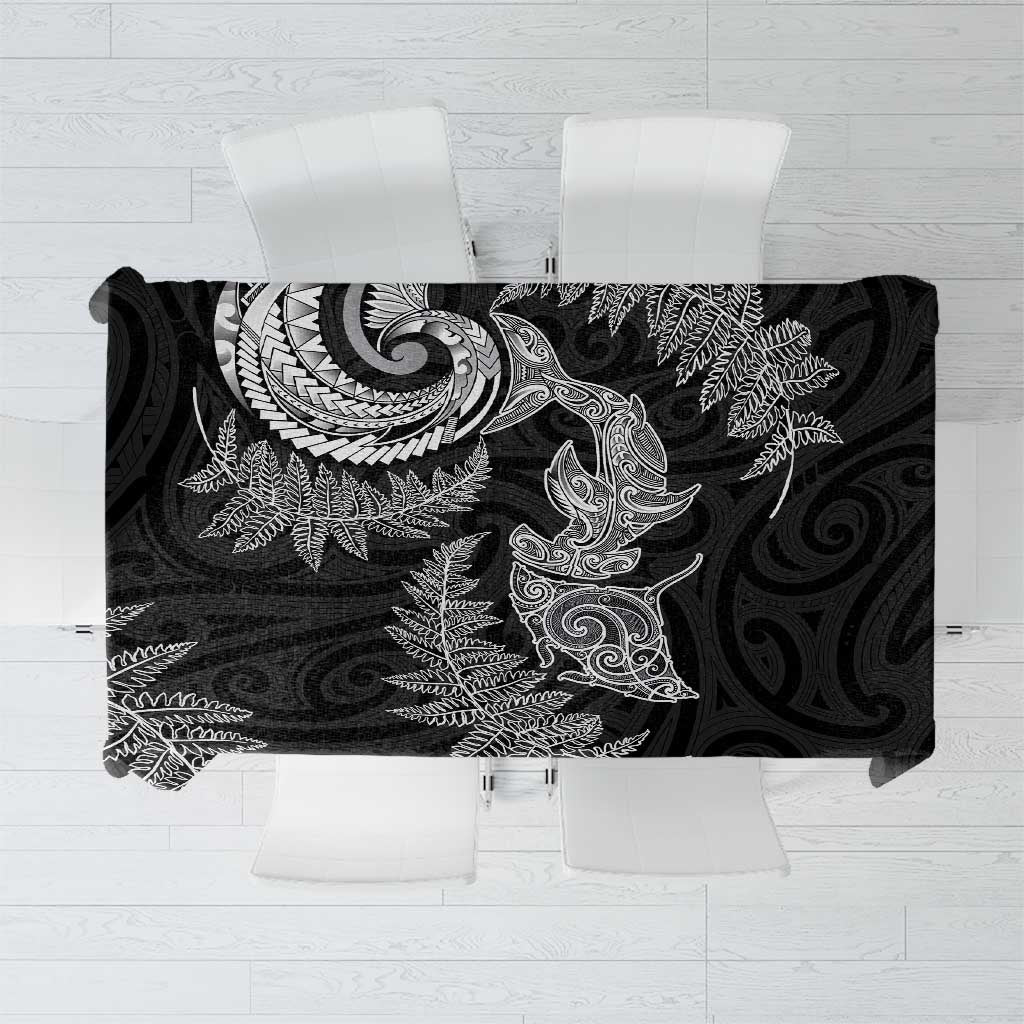 New Zealand Sea Animals with Maori Tribal Tattoo Tablecloth Shark Manta Ray with Silver Fern Black