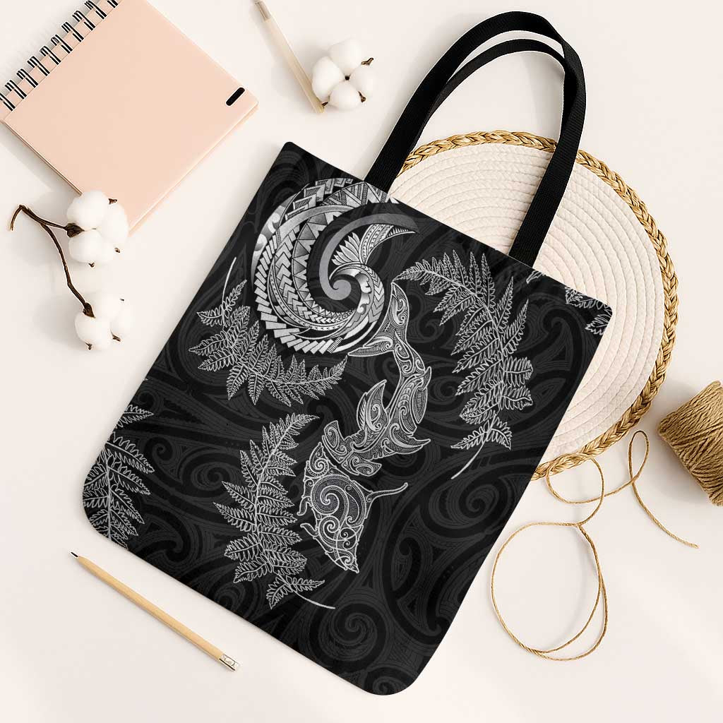 New Zealand Sea Animals with Maori Tribal Tattoo Tote Bag Shark Manta Ray with Silver Fern Black LT03 Black Strap One Size Black - Polynesian Pride