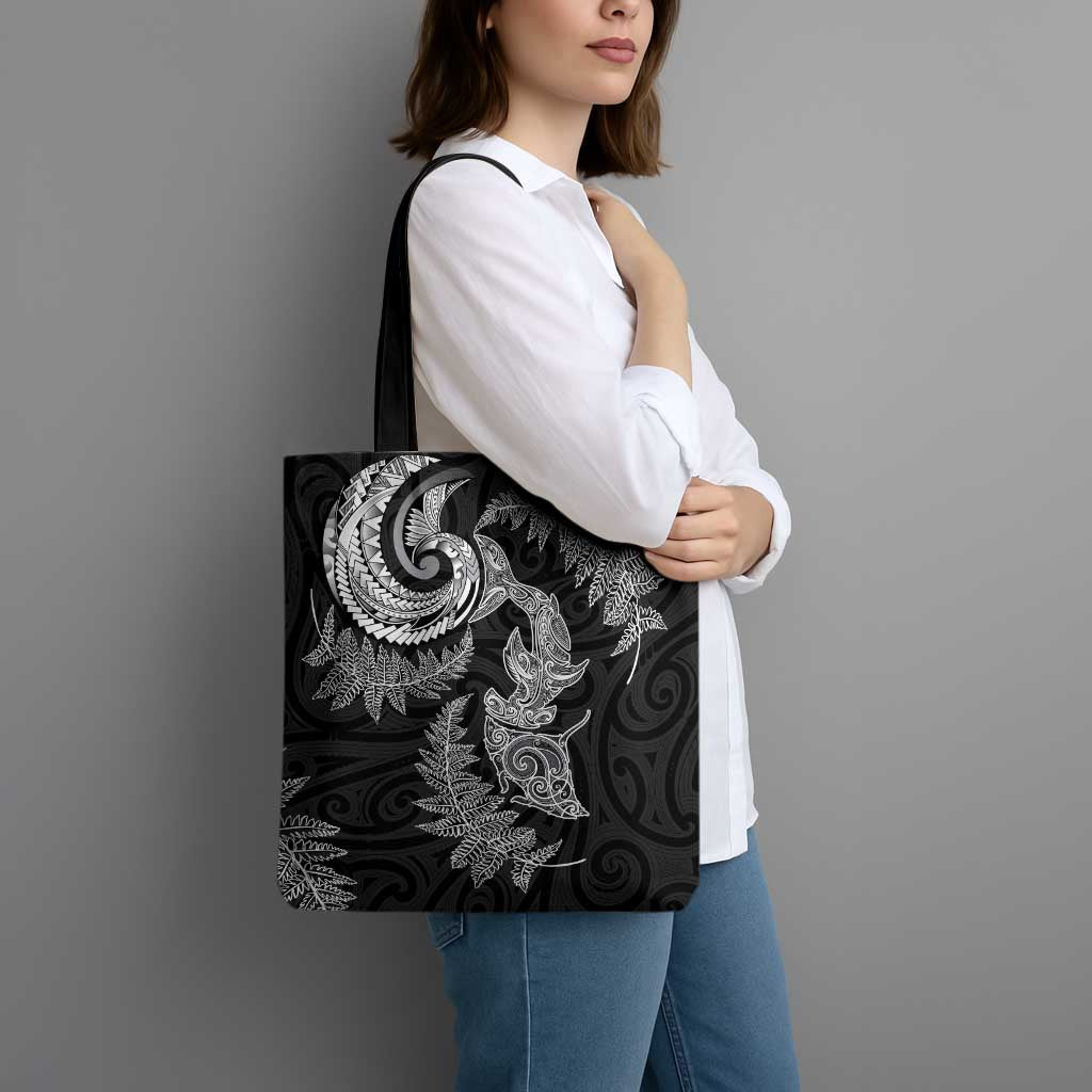 New Zealand Sea Animals with Maori Tribal Tattoo Tote Bag Shark Manta Ray with Silver Fern Black LT03 - Polynesian Pride
