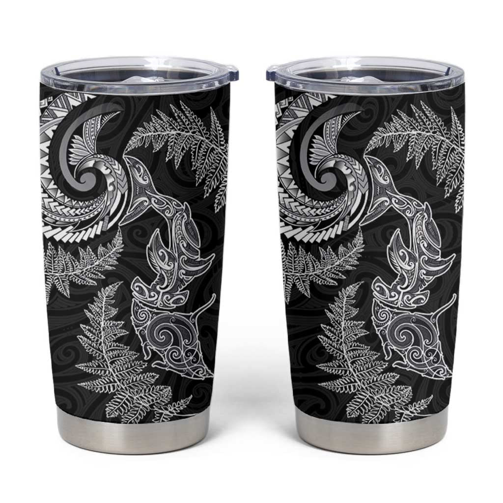 New Zealand Sea Animals with Maori Tribal Tattoo Tumbler Cup Shark Manta Ray with Silver Fern Black
