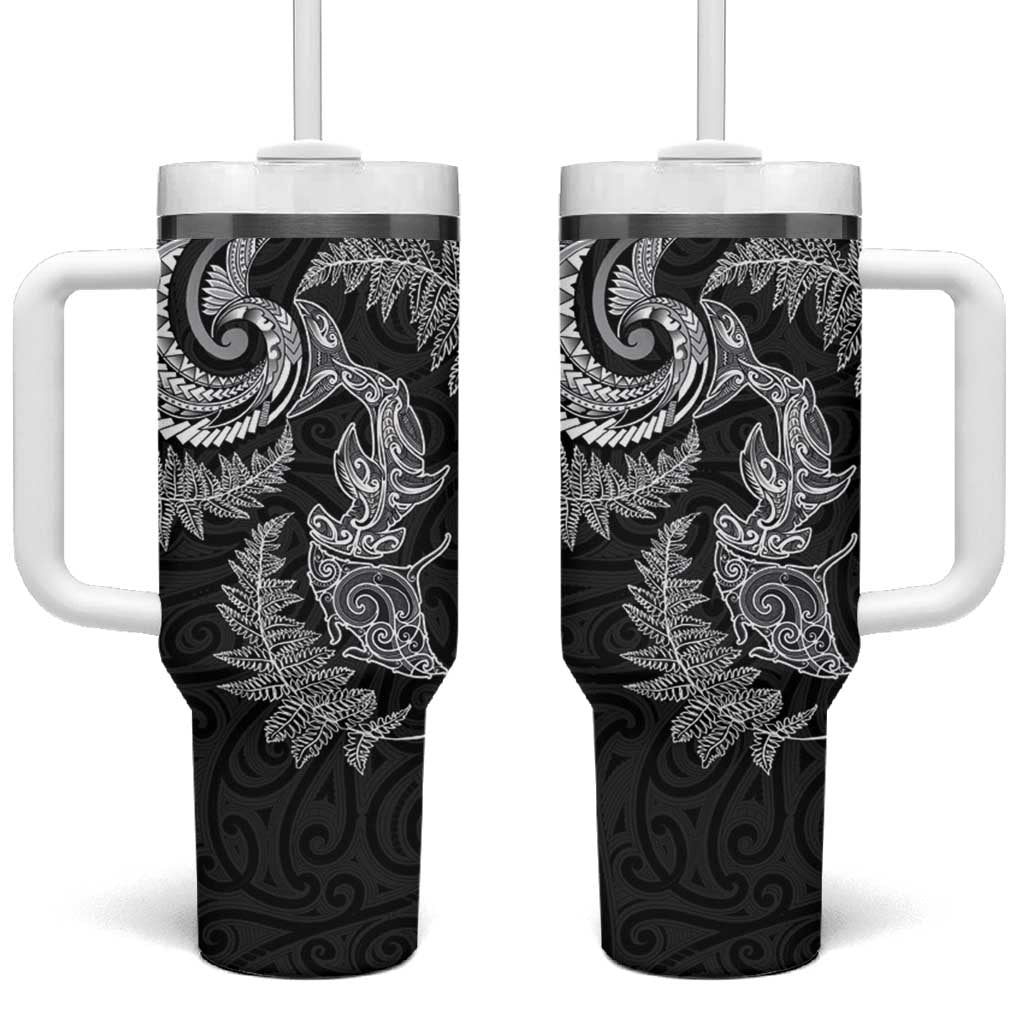 New Zealand Sea Animals with Maori Tribal Tattoo Tumbler With Handle Shark Manta Ray with Silver Fern Black LT03 One Size: 40 oz Black - Polynesian Pride