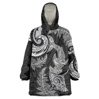 New Zealand Sea Animals with Maori Tribal Tattoo Wearable Blanket Hoodie Shark Manta Ray with Silver Fern Black LT03 One Size Black - Polynesian Pride