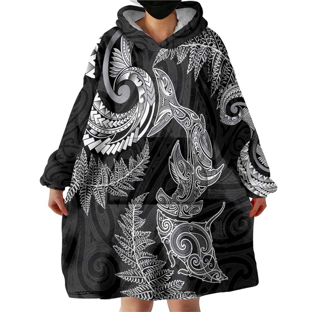 New Zealand Sea Animals with Maori Tribal Tattoo Wearable Blanket Hoodie Shark Manta Ray with Silver Fern Black LT03 - Polynesian Pride