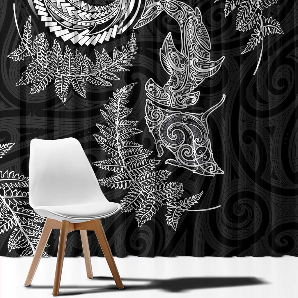 New Zealand Sea Animals with Maori Tribal Tattoo Window Curtain Shark Manta Ray with Silver Fern Black LT03 - Polynesian Pride