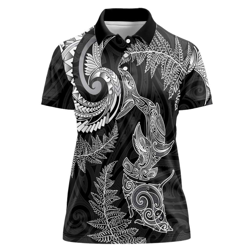 New Zealand Sea Animals with Maori Tribal Tattoo Women Polo Shirt Shark Manta Ray with Silver Fern Black