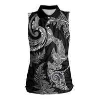 New Zealand Sea Animals with Maori Tribal Tattoo Women Sleeveless Polo Shirt Shark Manta Ray with Silver Fern Black LT03 Female Black - Polynesian Pride