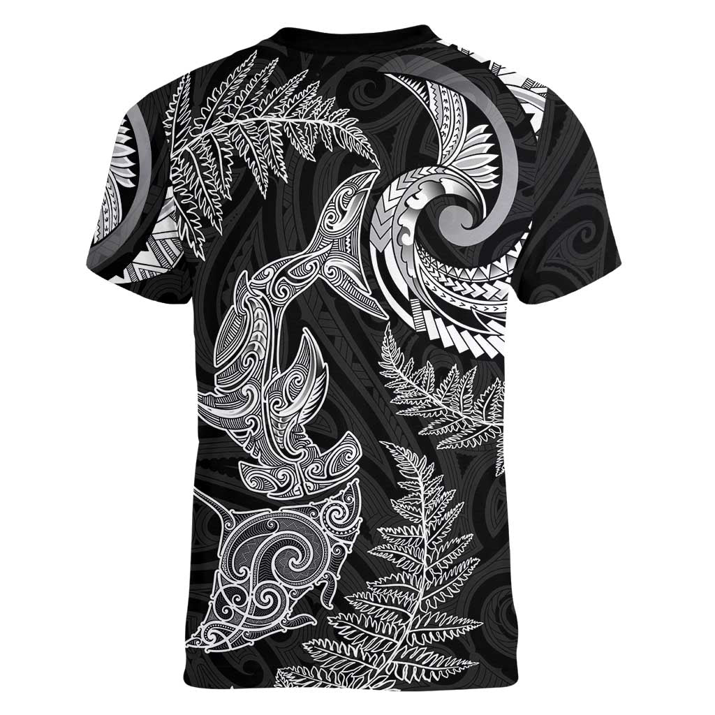 New Zealand Sea Animals with Maori Tribal Tattoo Women V-Neck T-Shirt Shark Manta Ray with Silver Fern Black LT03 - Polynesian Pride