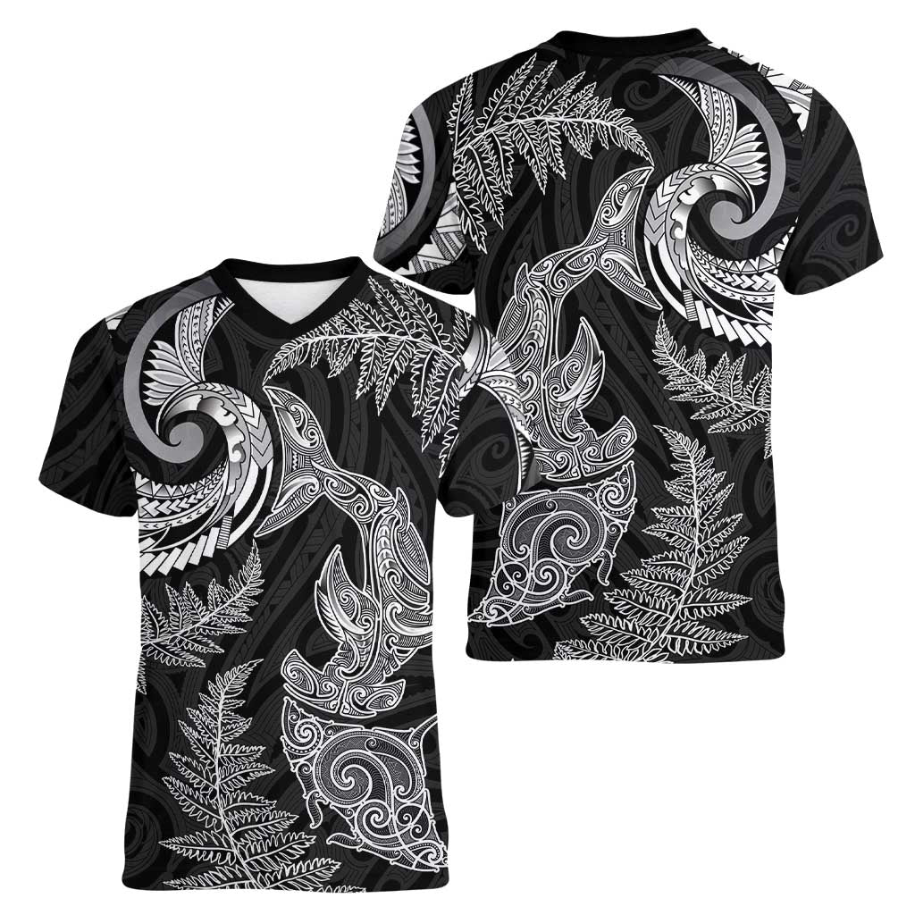New Zealand Sea Animals with Maori Tribal Tattoo Women V-Neck T-Shirt Shark Manta Ray with Silver Fern Black LT03 - Polynesian Pride