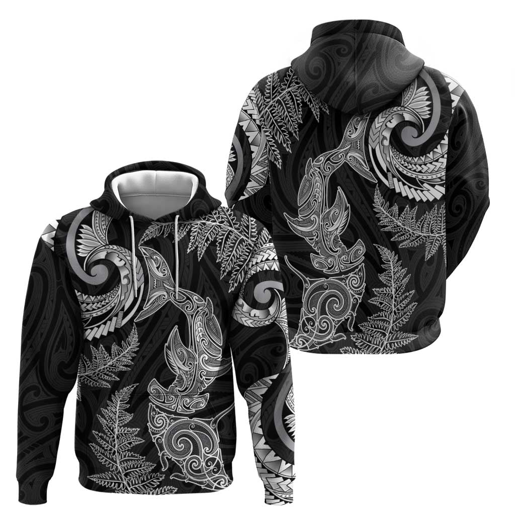 New Zealand Sea Animals with Maori Tribal Tattoo Zip Hoodie Shark Manta Ray with Silver Fern Black LT03 - Polynesian Pride
