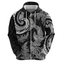New Zealand Sea Animals with Maori Tribal Tattoo Zip Hoodie Shark Manta Ray with Silver Fern Black LT03 - Polynesian Pride