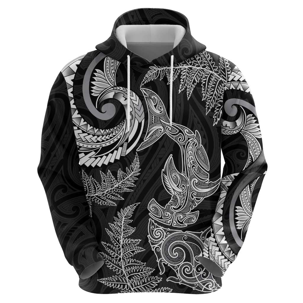 New Zealand Sea Animals with Maori Tribal Tattoo Zip Hoodie Shark Manta Ray with Silver Fern Black LT03 - Polynesian Pride