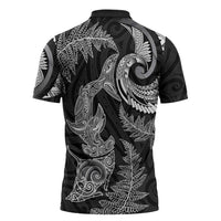 New Zealand Sea Animals with Maori Tribal Tattoo Zipper Polo Shirt Shark Manta Ray with Silver Fern Black LT03 - Polynesian Pride