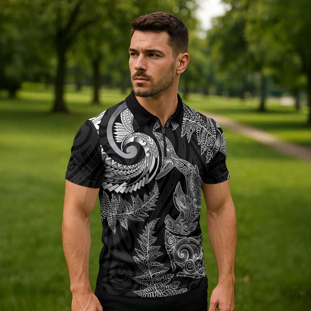 New Zealand Sea Animals with Maori Tribal Tattoo Zipper Polo Shirt Shark Manta Ray with Silver Fern Black LT03 - Polynesian Pride