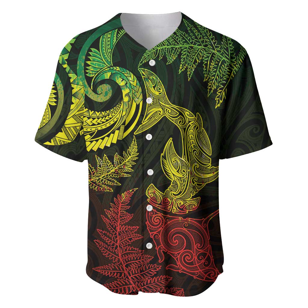 New Zealand Sea Animals with Maori Tribal Tattoo Baseball Jersey Shark Manta Ray with Silver Fern Reggae LT03 Reggae - Polynesian Pride