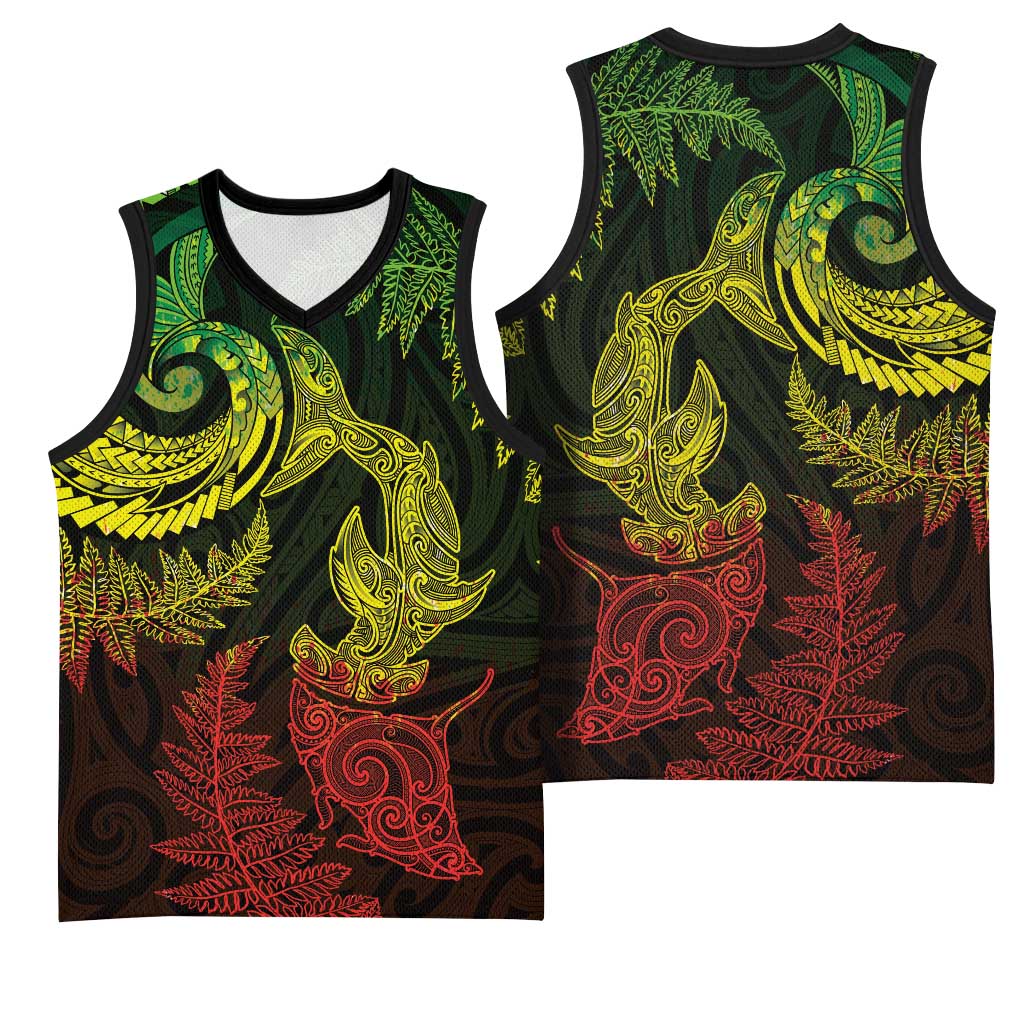New Zealand Sea Animals with Maori Tribal Tattoo Basketball Jersey Shark Manta Ray with Silver Fern Reggae LT03 - Polynesian Pride