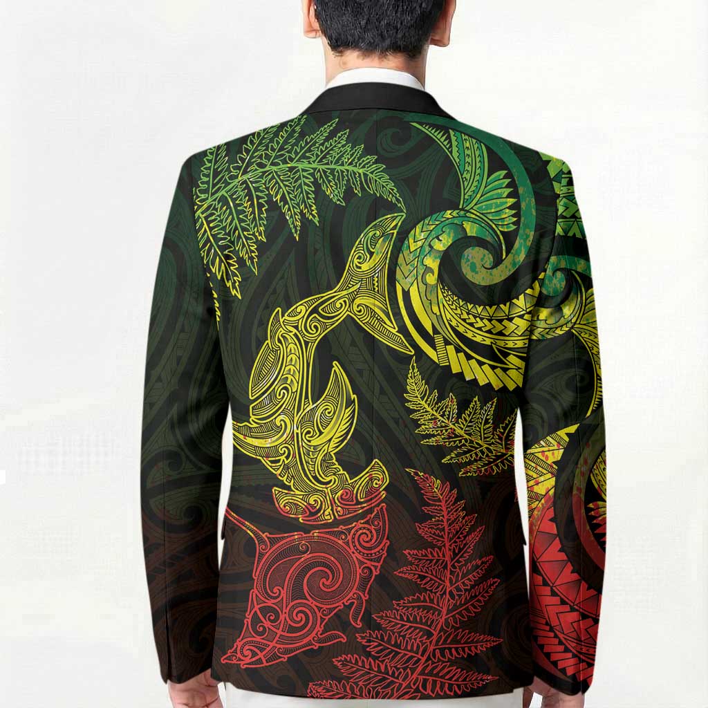 New Zealand Sea Animals with Maori Tribal Tattoo Blazer Shark Manta Ray with Silver Fern Reggae LT03 - Polynesian Pride