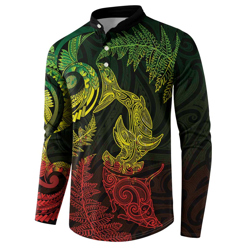New Zealand Sea Animals with Maori Tribal Tattoo Button Sweatshirt Shark Manta Ray with Silver Fern Reggae LT03 - Polynesian Pride