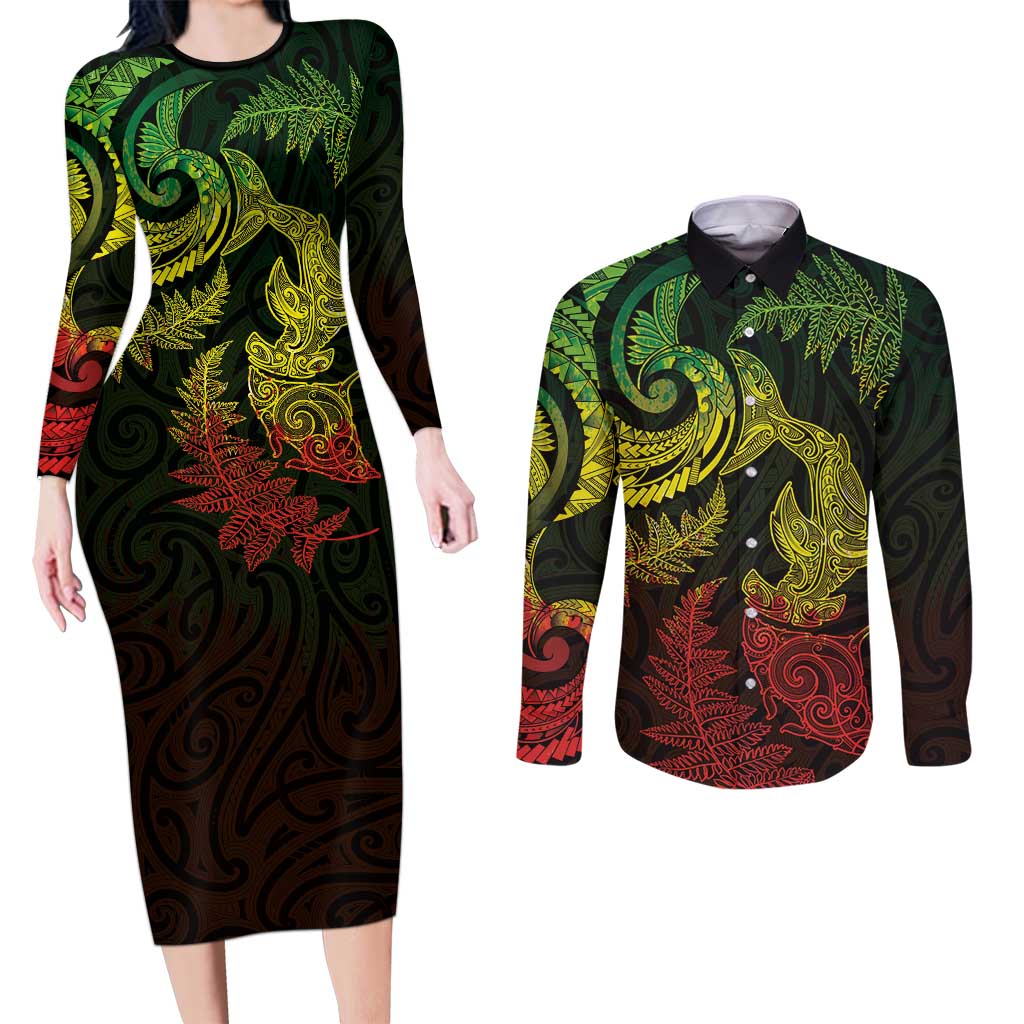 New Zealand Sea Animals with Maori Tribal Tattoo Couples Matching Long Sleeve Bodycon Dress and Long Sleeve Button Shirt Shark Manta Ray with Silver Fern Reggae LT03 Reggae - Polynesian Pride