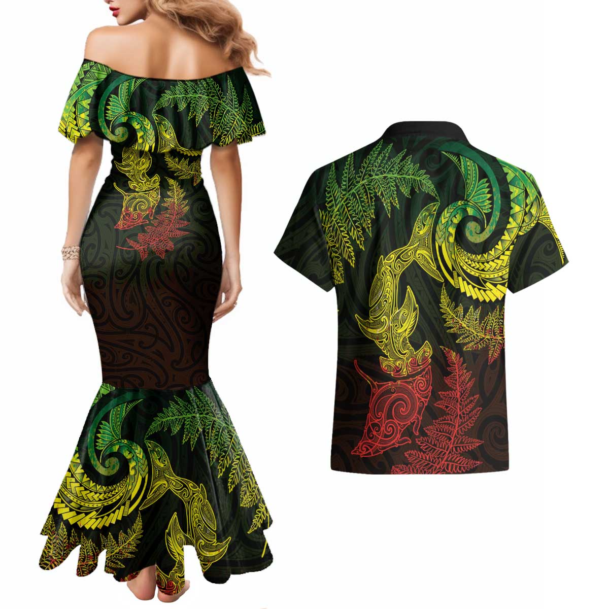 New Zealand Sea Animals with Maori Tribal Tattoo Couples Matching Mermaid Dress and Hawaiian Shirt Shark Manta Ray with Silver Fern Reggae LT03 - Polynesian Pride
