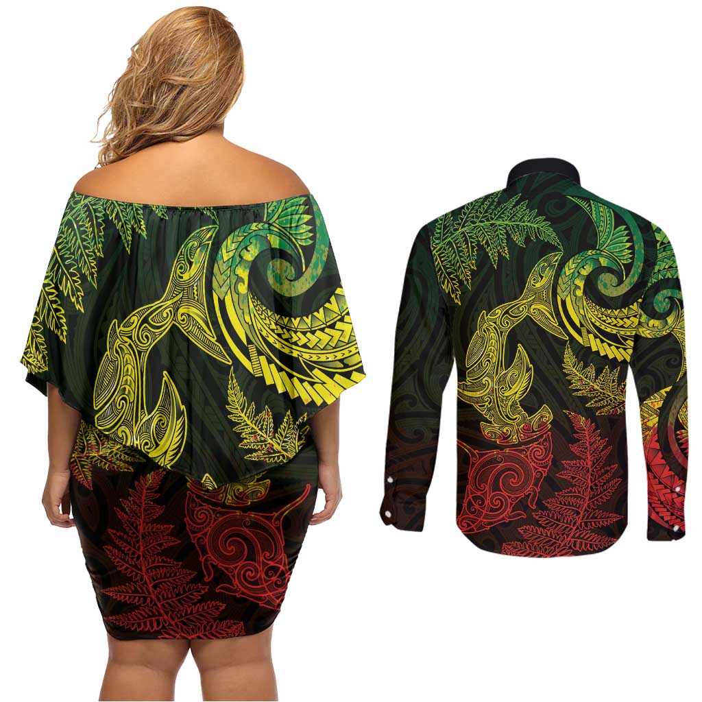 New Zealand Sea Animals with Maori Tribal Tattoo Couples Matching Off Shoulder Short Dress and Long Sleeve Button Shirt Shark Manta Ray with Silver Fern Reggae LT03 - Polynesian Pride