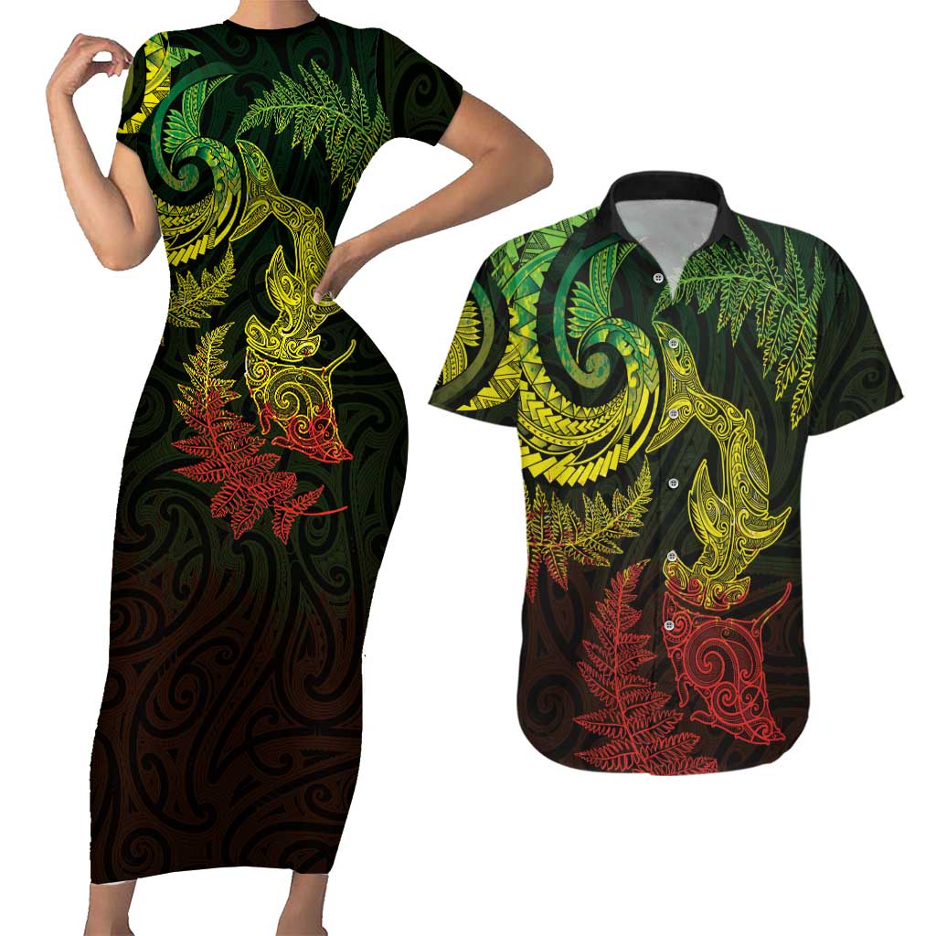New Zealand Sea Animals with Maori Tribal Tattoo Couples Matching Short Sleeve Bodycon Dress and Hawaiian Shirt Shark Manta Ray with Silver Fern Reggae LT03 Reggae - Polynesian Pride