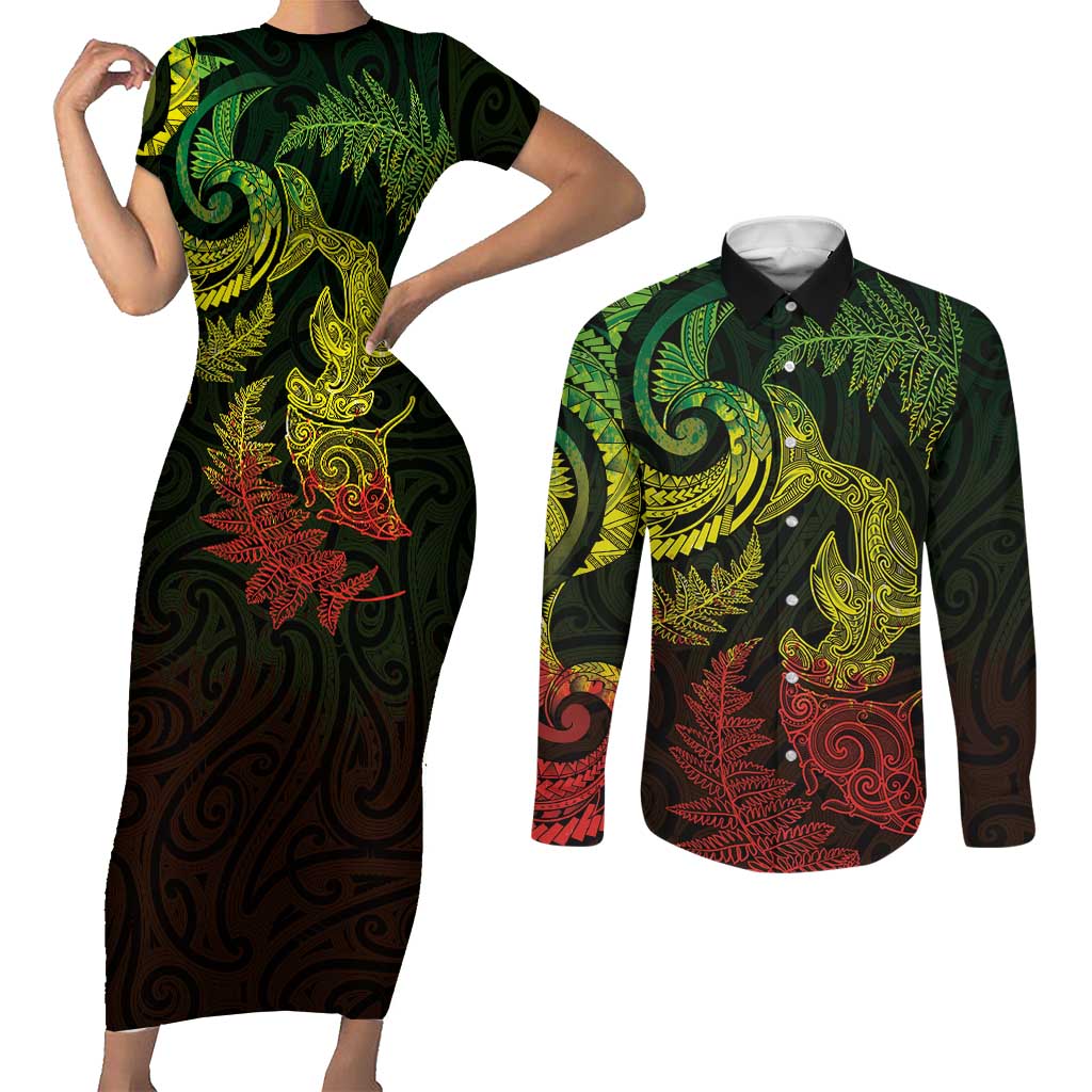 New Zealand Sea Animals with Maori Tribal Tattoo Couples Matching Short Sleeve Bodycon Dress and Long Sleeve Button Shirt Shark Manta Ray with Silver Fern Reggae LT03 Reggae - Polynesian Pride