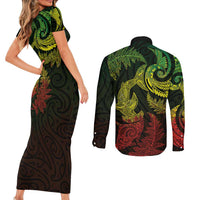 New Zealand Sea Animals with Maori Tribal Tattoo Couples Matching Short Sleeve Bodycon Dress and Long Sleeve Button Shirt Shark Manta Ray with Silver Fern Reggae LT03 - Polynesian Pride