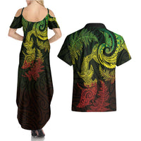 New Zealand Sea Animals with Maori Tribal Tattoo Couples Matching Summer Maxi Dress and Hawaiian Shirt Shark Manta Ray with Silver Fern Reggae LT03 - Polynesian Pride