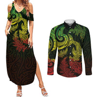 New Zealand Sea Animals with Maori Tribal Tattoo Couples Matching Summer Maxi Dress and Long Sleeve Button Shirt Shark Manta Ray with Silver Fern Reggae LT03 Reggae - Polynesian Pride