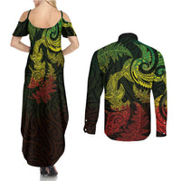 New Zealand Sea Animals with Maori Tribal Tattoo Couples Matching Summer Maxi Dress and Long Sleeve Button Shirt Shark Manta Ray with Silver Fern Reggae LT03 - Polynesian Pride