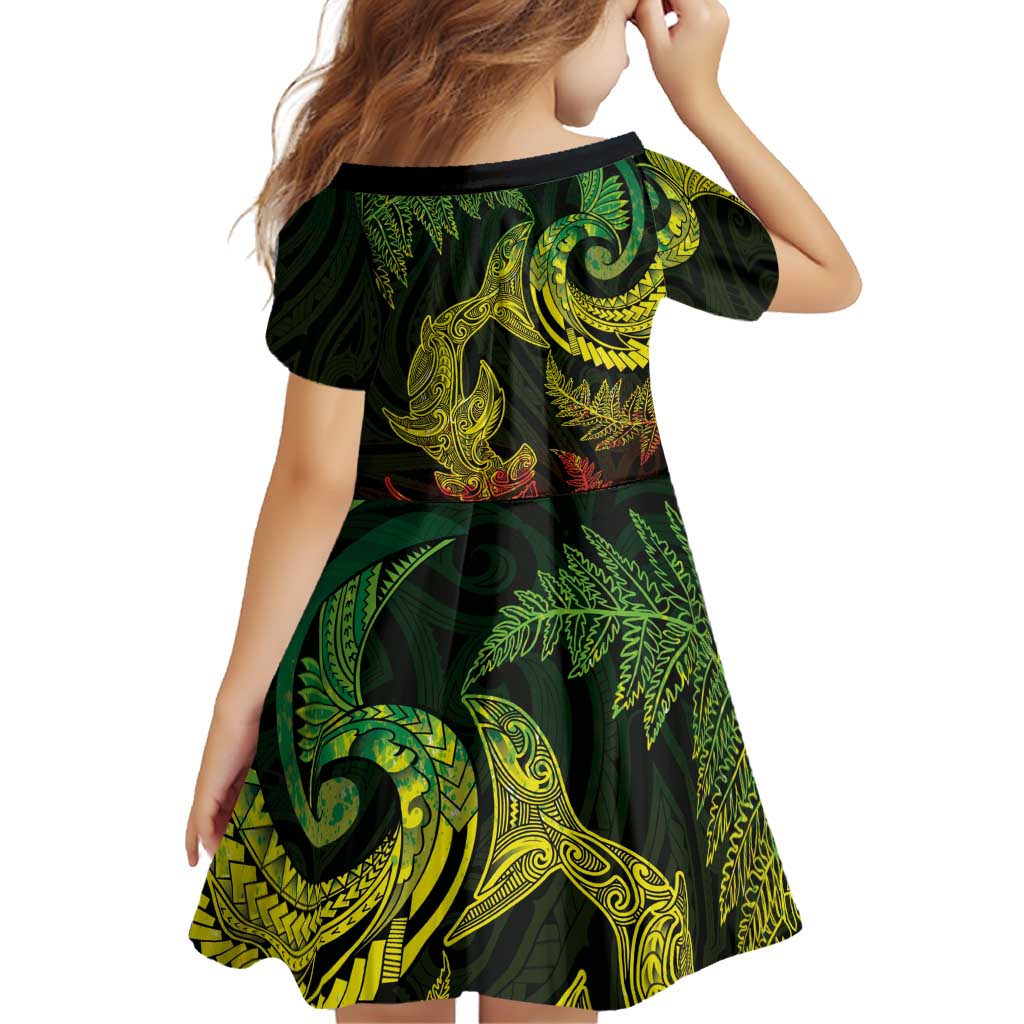 New Zealand Sea Animals with Maori Tribal Tattoo Family Matching Long Sleeve Bodycon Dress and Hawaiian Shirt Shark Manta Ray with Silver Fern Reggae LT03 - Polynesian Pride