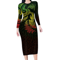 New Zealand Sea Animals with Maori Tribal Tattoo Family Matching Long Sleeve Bodycon Dress and Hawaiian Shirt Shark Manta Ray with Silver Fern Reggae LT03 Mom's Dress Reggae - Polynesian Pride