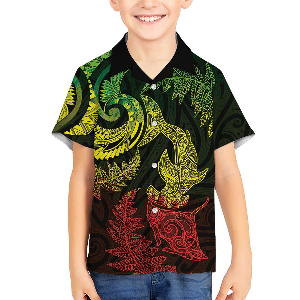 New Zealand Sea Animals with Maori Tribal Tattoo Family Matching Long Sleeve Bodycon Dress and Hawaiian Shirt Shark Manta Ray with Silver Fern Reggae LT03 Son's Shirt Reggae - Polynesian Pride