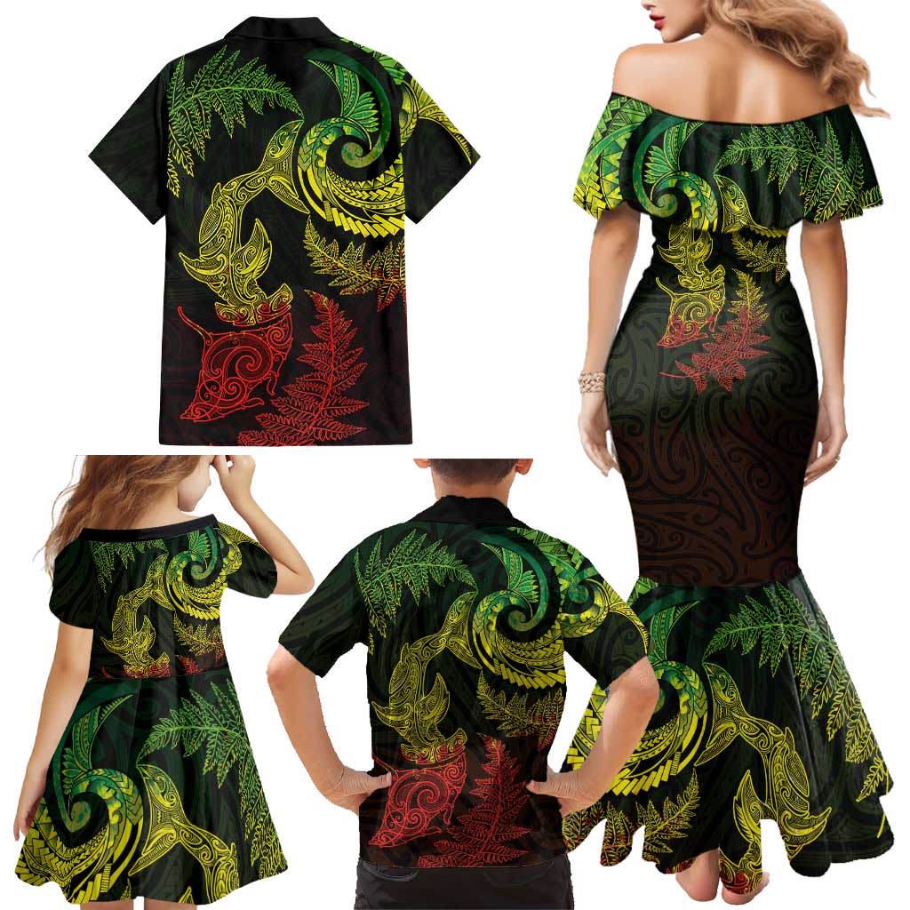 New Zealand Sea Animals with Maori Tribal Tattoo Family Matching Mermaid Dress and Hawaiian Shirt Shark Manta Ray with Silver Fern Reggae LT03 - Polynesian Pride