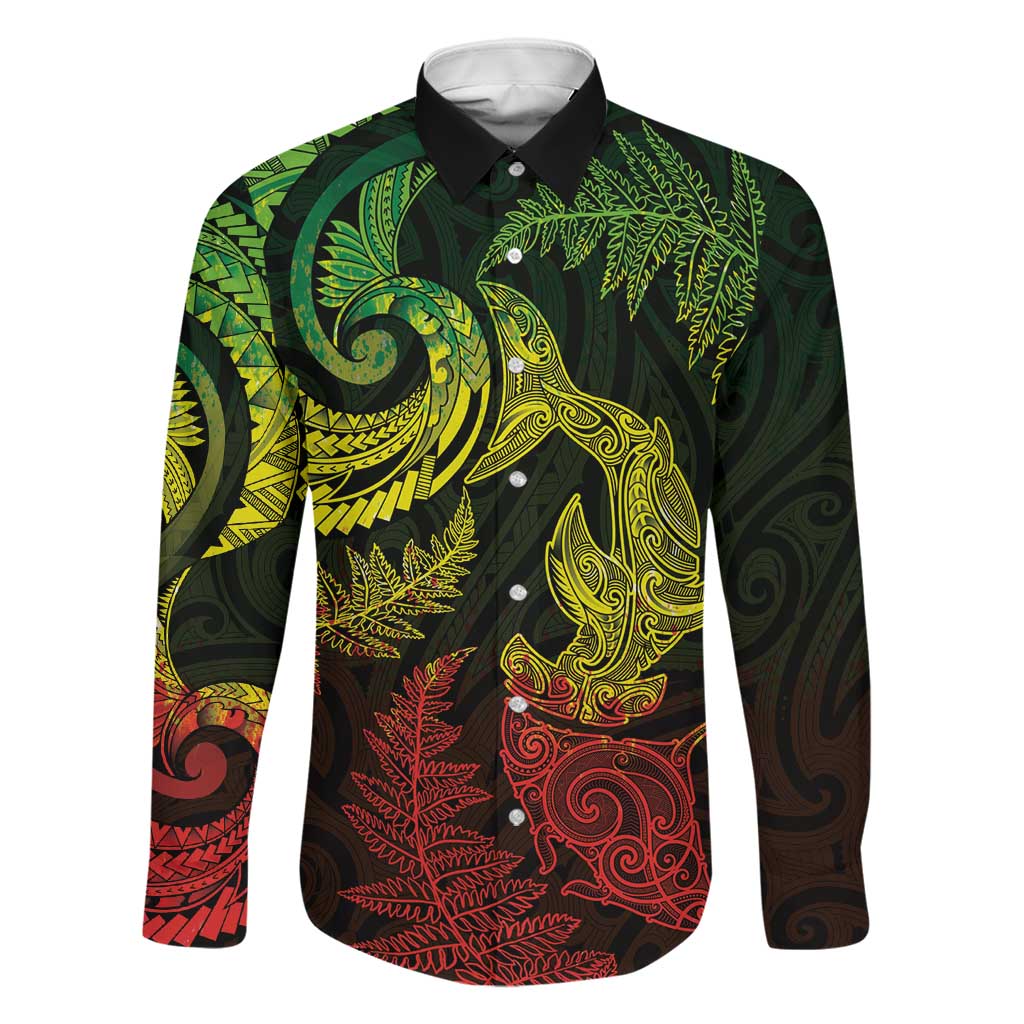 New Zealand Sea Animals with Maori Tribal Tattoo Family Matching Mermaid Dress and Hawaiian Shirt Shark Manta Ray with Silver Fern Reggae LT03 Dad's Shirt - Long Sleeve Reggae - Polynesian Pride