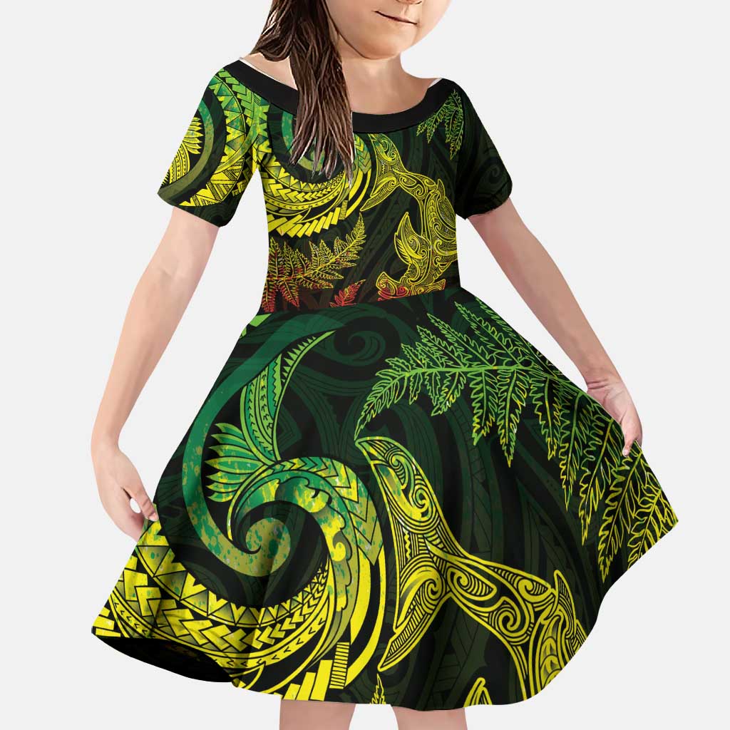 New Zealand Sea Animals with Maori Tribal Tattoo Family Matching Off The Shoulder Long Sleeve Dress and Hawaiian Shirt Shark Manta Ray with Silver Fern Reggae LT03 Daughter's Dress Reggae - Polynesian Pride
