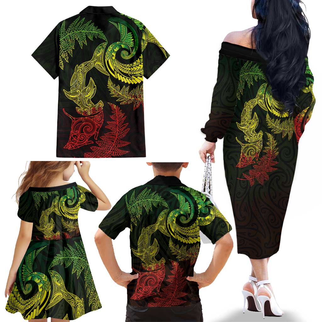 New Zealand Sea Animals with Maori Tribal Tattoo Family Matching Off The Shoulder Long Sleeve Dress and Hawaiian Shirt Shark Manta Ray with Silver Fern Reggae LT03 - Polynesian Pride