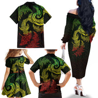 New Zealand Sea Animals with Maori Tribal Tattoo Family Matching Off The Shoulder Long Sleeve Dress and Hawaiian Shirt Shark Manta Ray with Silver Fern Reggae LT03 - Polynesian Pride