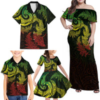 New Zealand Sea Animals with Maori Tribal Tattoo Family Matching Off Shoulder Maxi Dress and Hawaiian Shirt Shark Manta Ray with Silver Fern Reggae LT03 - Polynesian Pride
