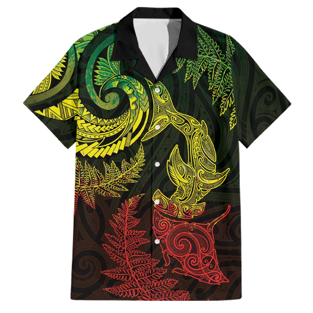 New Zealand Sea Animals with Maori Tribal Tattoo Family Matching Off Shoulder Maxi Dress and Hawaiian Shirt Shark Manta Ray with Silver Fern Reggae LT03 Dad's Shirt - Short Sleeve Reggae - Polynesian Pride