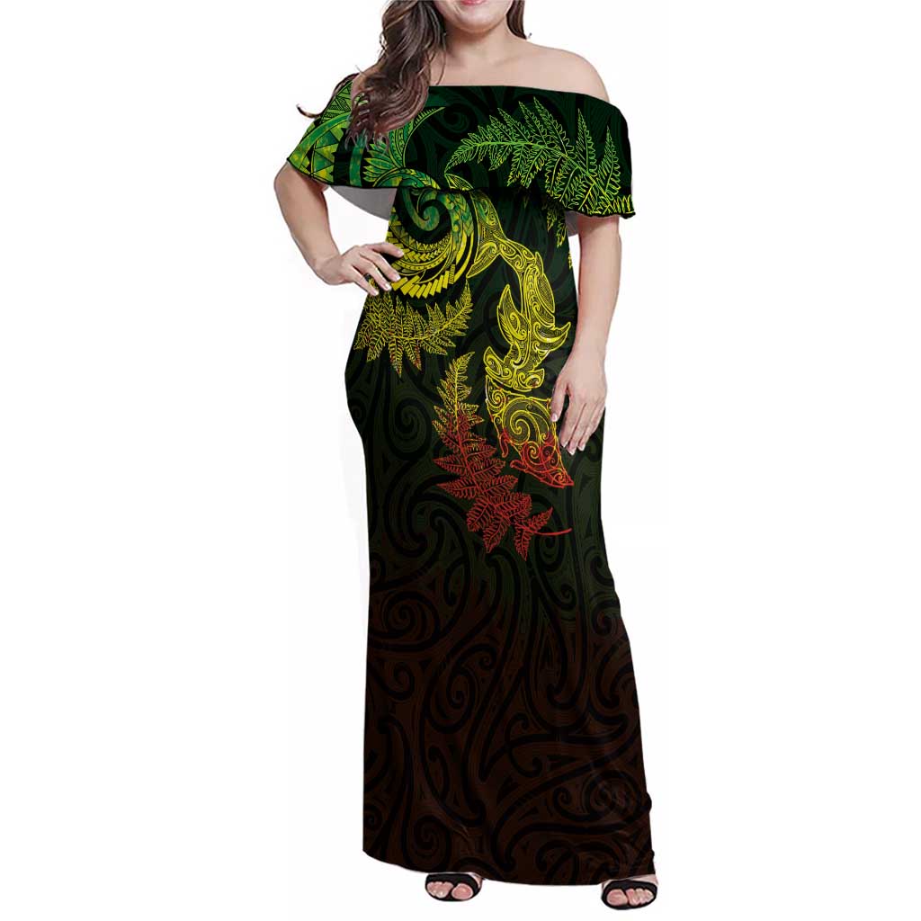 New Zealand Sea Animals with Maori Tribal Tattoo Family Matching Off Shoulder Maxi Dress and Hawaiian Shirt Shark Manta Ray with Silver Fern Reggae LT03 Mom's Dress Reggae - Polynesian Pride