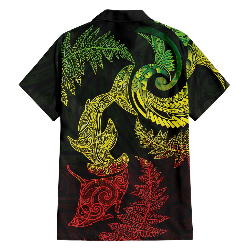 New Zealand Sea Animals with Maori Tribal Tattoo Family Matching Off Shoulder Short Dress and Hawaiian Shirt Shark Manta Ray with Silver Fern Reggae LT03 - Polynesian Pride