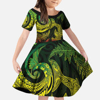 New Zealand Sea Animals with Maori Tribal Tattoo Family Matching Puletasi and Hawaiian Shirt Shark Manta Ray with Silver Fern Reggae LT03 Daughter's Dress Reggae - Polynesian Pride