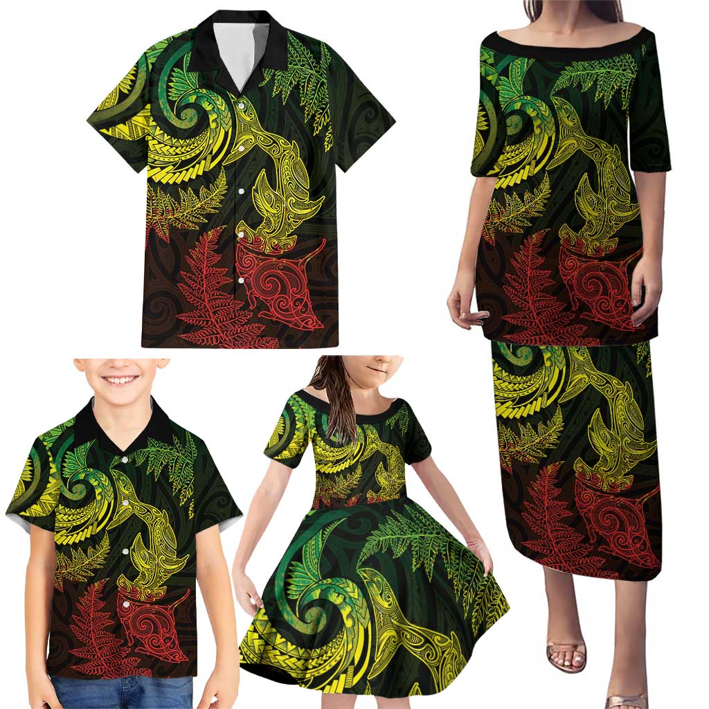 New Zealand Sea Animals with Maori Tribal Tattoo Family Matching Puletasi and Hawaiian Shirt Shark Manta Ray with Silver Fern Reggae