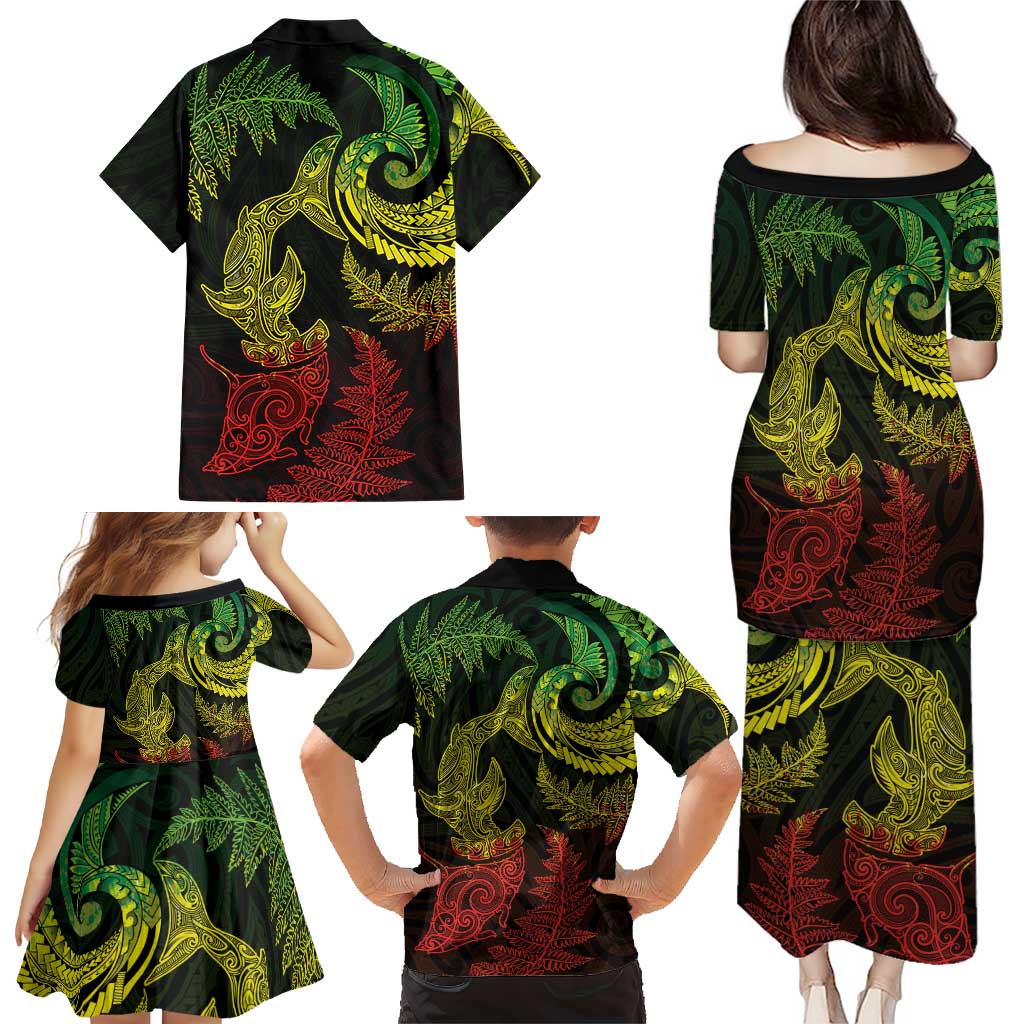 New Zealand Sea Animals with Maori Tribal Tattoo Family Matching Puletasi and Hawaiian Shirt Shark Manta Ray with Silver Fern Reggae LT03 - Polynesian Pride