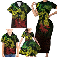 New Zealand Sea Animals with Maori Tribal Tattoo Family Matching Short Sleeve Bodycon Dress and Hawaiian Shirt Shark Manta Ray with Silver Fern Reggae LT03 - Polynesian Pride