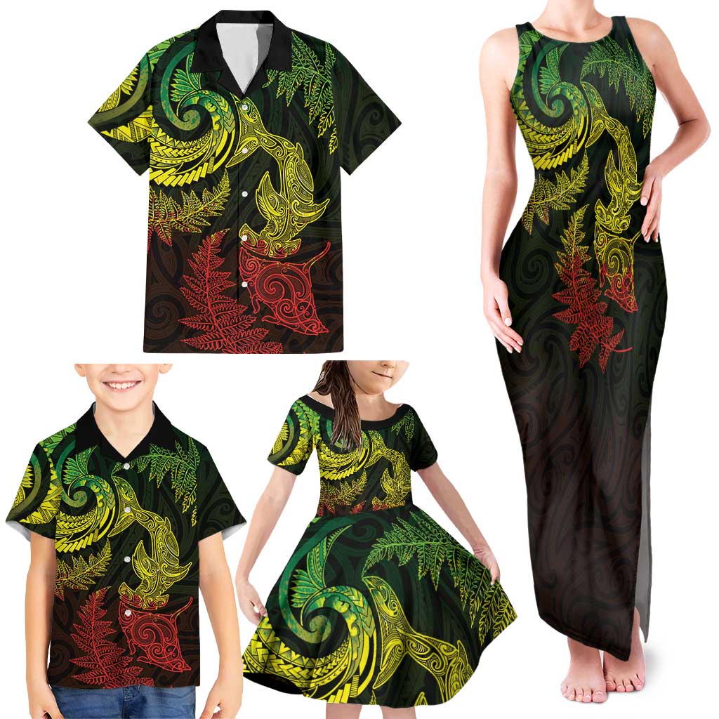 New Zealand Sea Animals with Maori Tribal Tattoo Family Matching Tank Maxi Dress and Hawaiian Shirt Shark Manta Ray with Silver Fern Reggae LT03 - Polynesian Pride