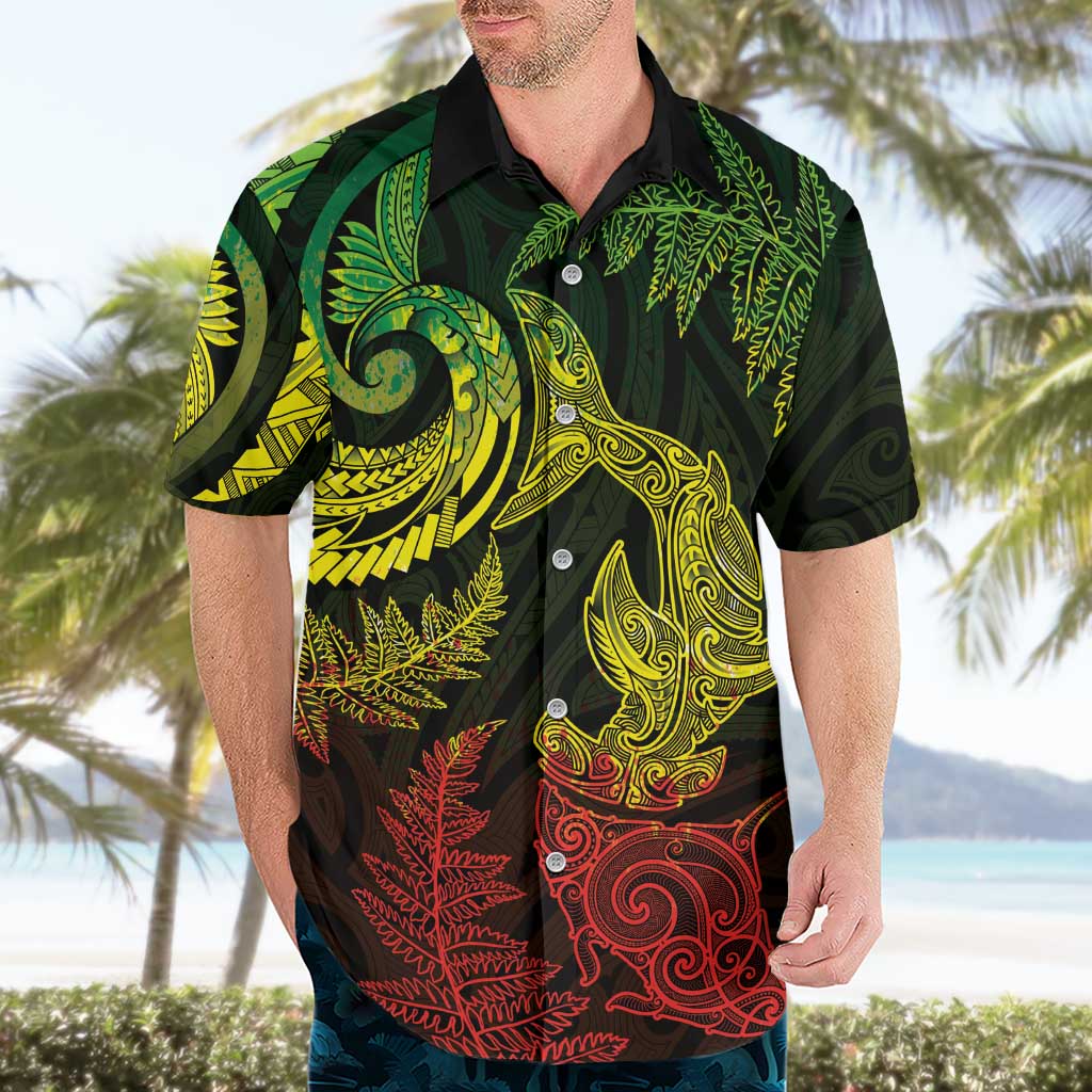 New Zealand Sea Animals with Maori Tribal Tattoo Hawaiian Shirt Shark Manta Ray with Silver Fern Reggae LT03 - Polynesian Pride