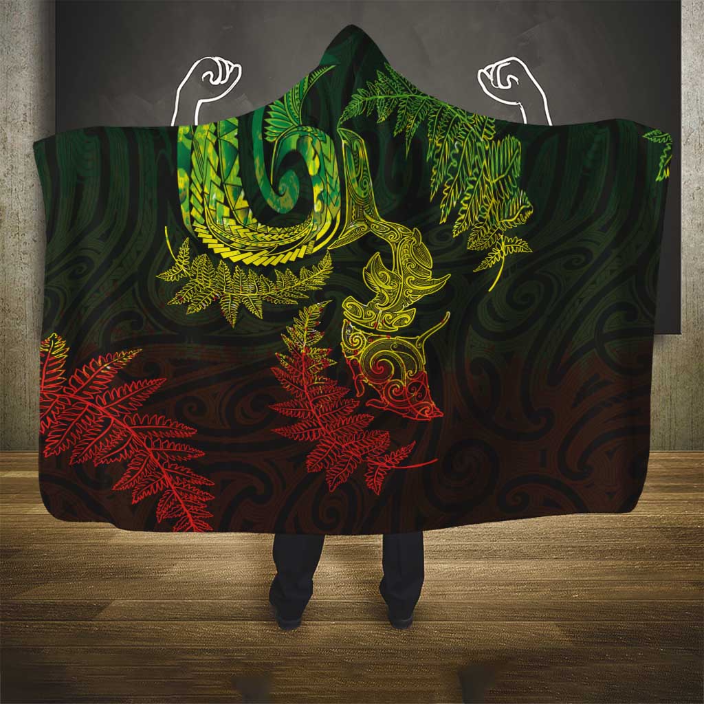 New Zealand Sea Animals with Maori Tribal Tattoo Hooded Blanket Shark Manta Ray with Silver Fern Reggae LT03 - Polynesian Pride